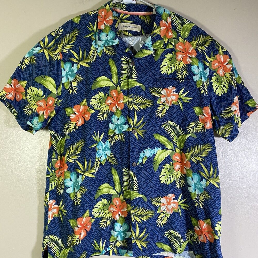 Tommy Bahama Men's  XL Silk Trikala Keys Short Sleeve Camp Shirt  Ocean Deep